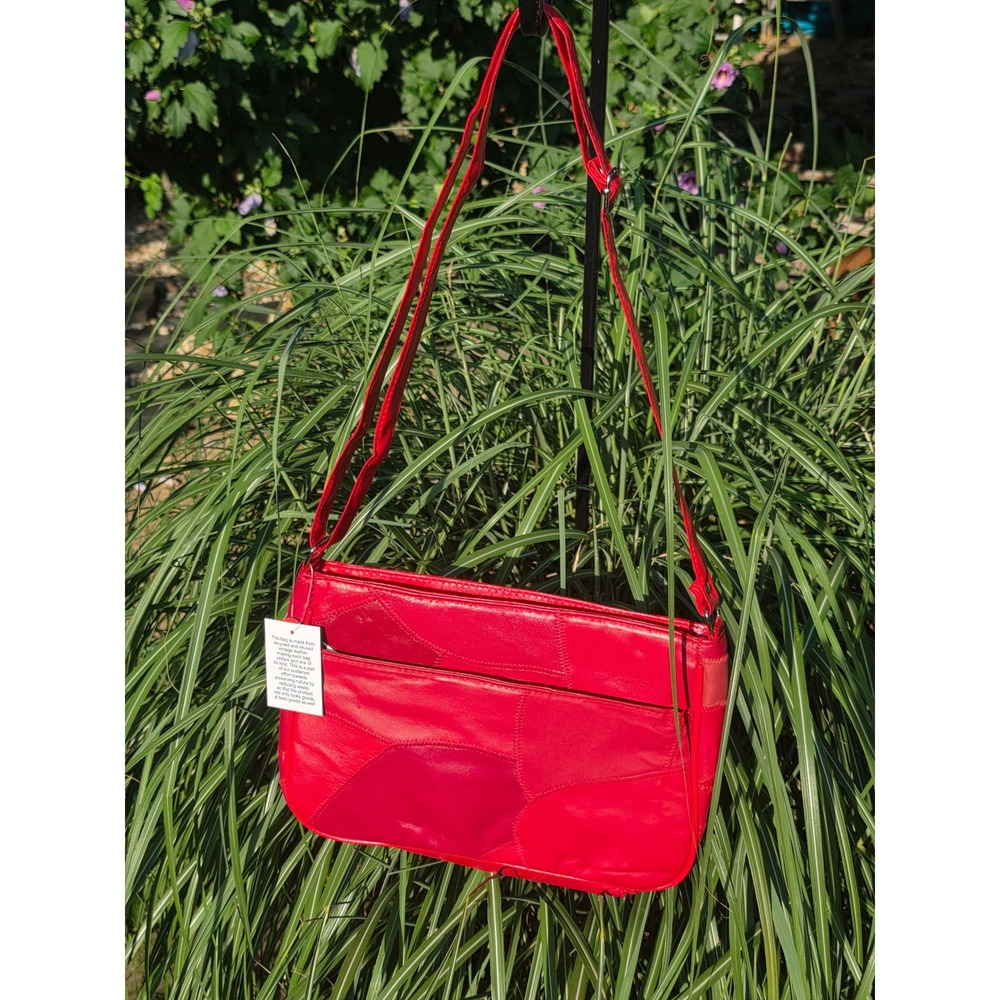 Red Genuine Leather Patchwork‎ Crossbody Bag Recycled Upcycled Vintage Style